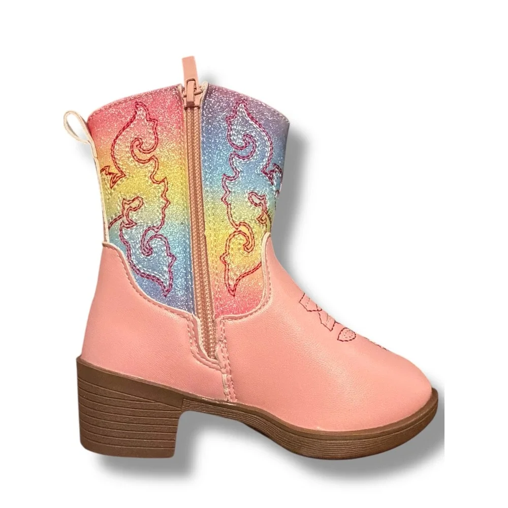NIB Kids Pink Rainbow Glitter Cowboy Boots Side Zip Western Toddler Sz 7.5